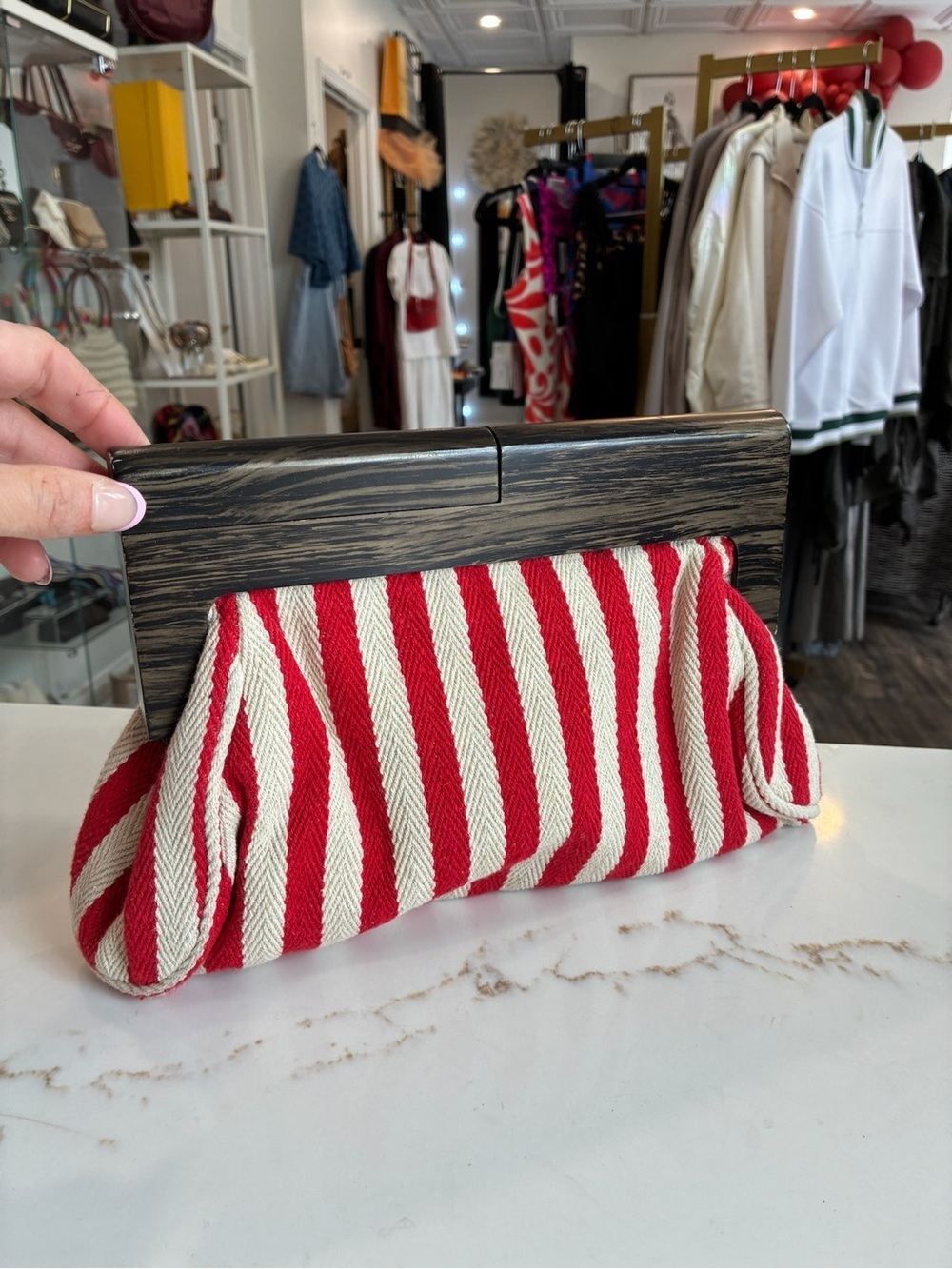 Vintage Red & Cream Striped Clutch with Wood Accent
